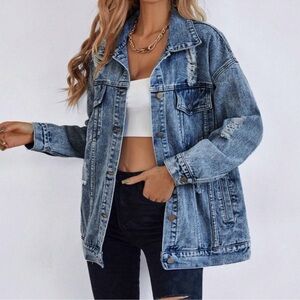 Distressed Button Down Loose Fit Denim Jeans Jacket XS S M L